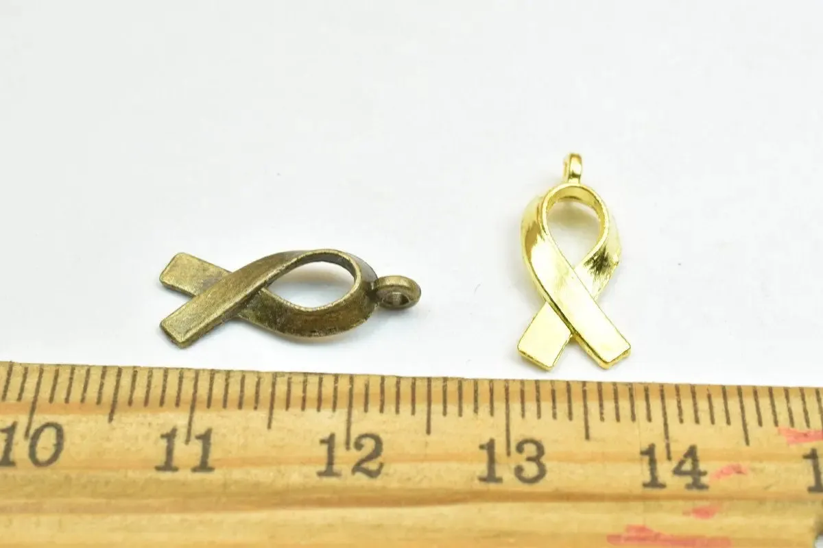 12 PCs Breast Cancer Charm Pendant Bead Antique Green/Gold Size 13x7mm Decorative Design Metal Beads 1mm JumpRing Opening for Jewelry Making