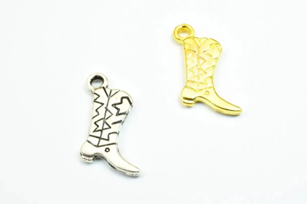 12 PCs Cowboy Boot Shoe Charm Pendant Bead Gold/SIlver Size 17x10mm Decorative Design Metal Beads 1.5mm JumpRing Opening for Jewelry Making