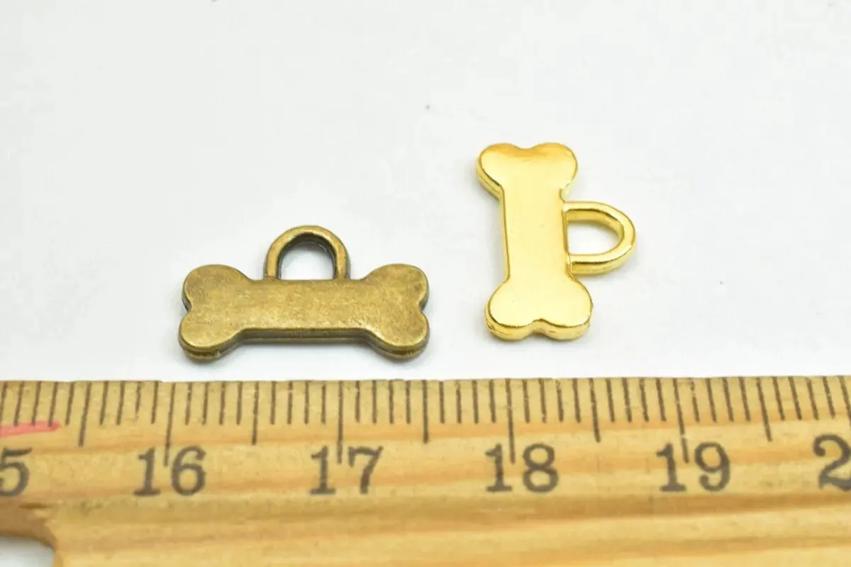 14 PCs Dog Bone Charm Pendant Beads Antique Green/Gold Size 10x16mm Decorative Design Metal Beads 3mm JumpRing Opening for Jewelry Making