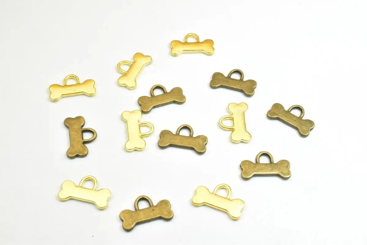 14 PCs Dog Bone Charm Pendant Beads Antique Green/Gold Size 10x16mm Decorative Design Metal Beads 3mm JumpRing Opening for Jewelry Making