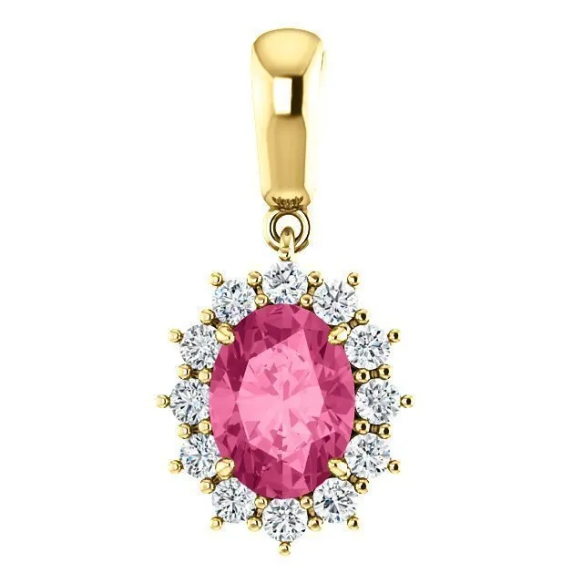 14KT GOLD 1.35 CT PINK TOURMALINE & 1/3 CTW DIAMOND HALO PENDANT