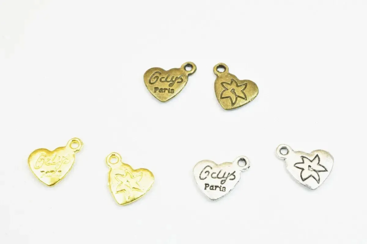 16 PCs Paris Alloy Heart Charm Beads Bronze/Gold/Silver Size 9x12mm Decorative Design Metal Beads 1mm JumpRing Opening for Jewelry Making