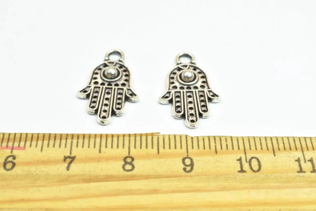 16 PCs Silver Alloy Hamsa Hand Charm Beads Antique Silver Size 20x12mm Decorative Design Metal Beads 3mm JumpRing Opening for Jewelry Making