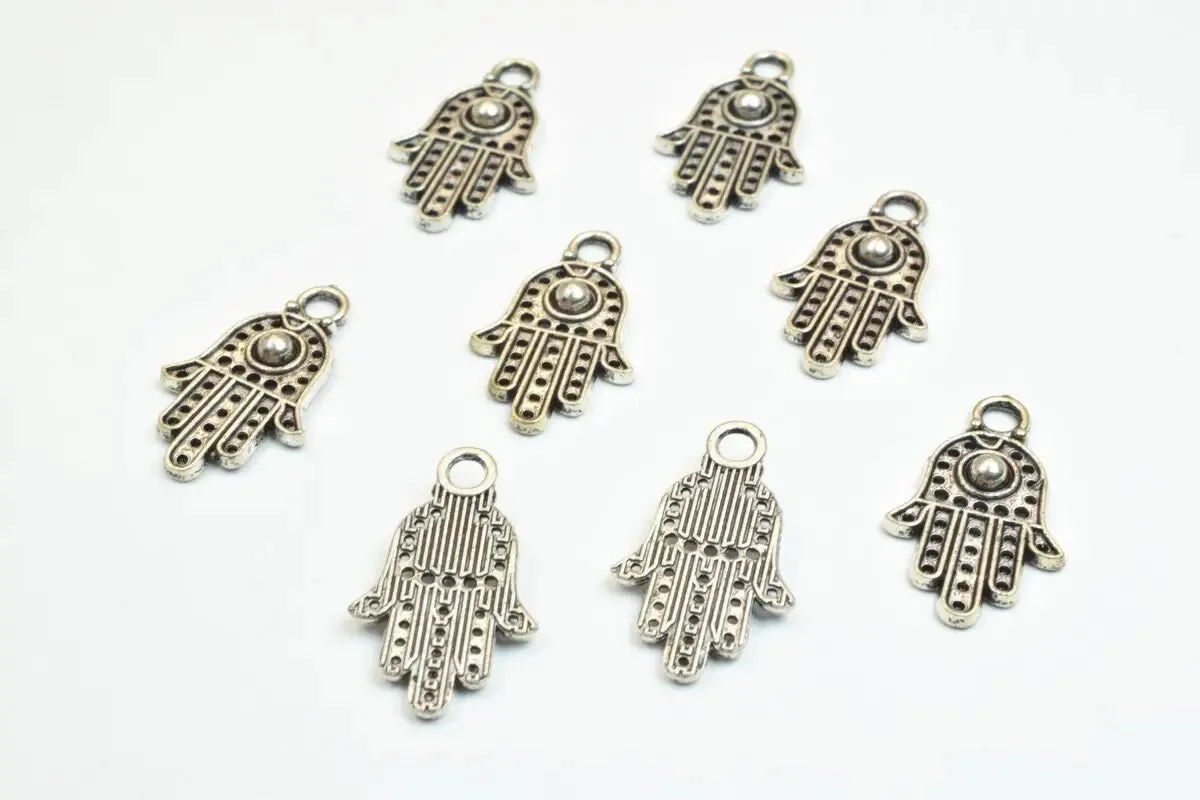 16 PCs Silver Alloy Hamsa Hand Charm Beads Antique Silver Size 20x12mm Decorative Design Metal Beads 3mm JumpRing Opening for Jewelry Making