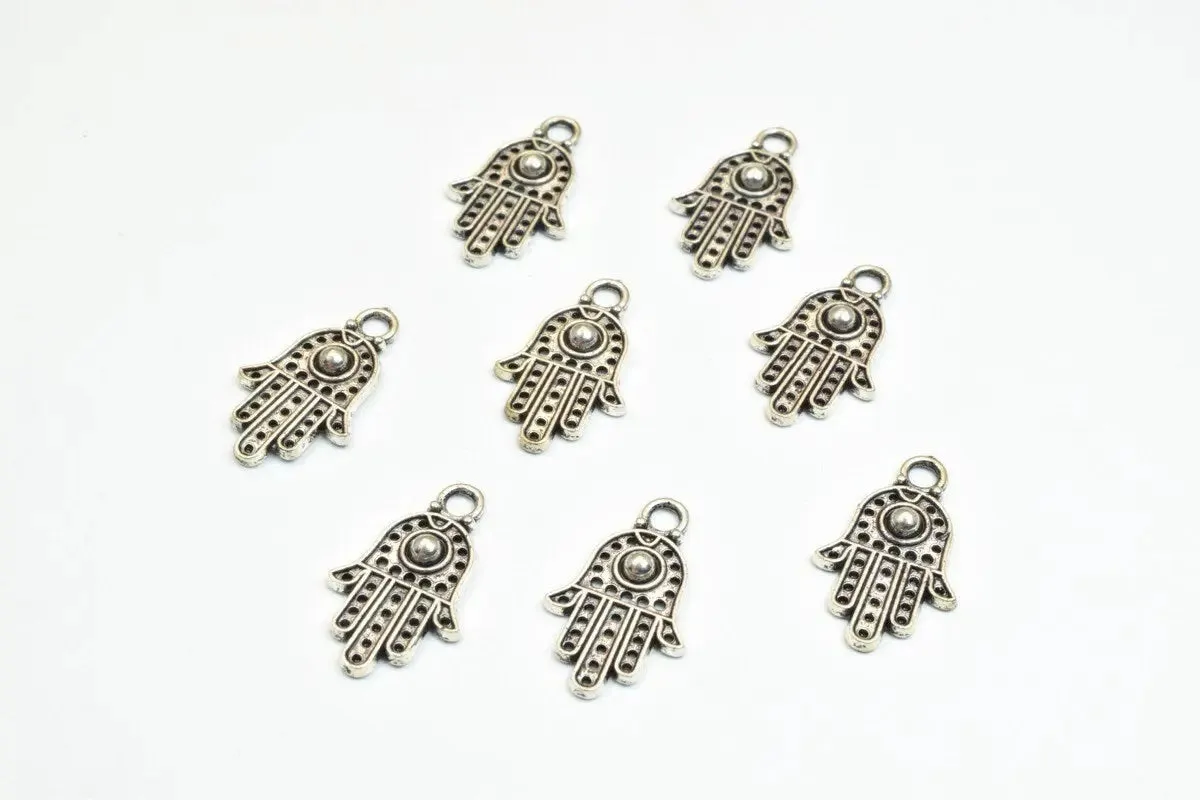 16 PCs Silver Alloy Hamsa Hand Charm Beads Antique Silver Size 20x12mm Decorative Design Metal Beads 3mm JumpRing Opening for Jewelry Making