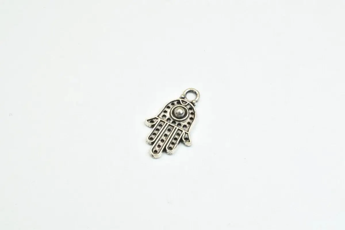 16 PCs Silver Alloy Hamsa Hand Charm Beads Antique Silver Size 20x12mm Decorative Design Metal Beads 3mm JumpRing Opening for Jewelry Making