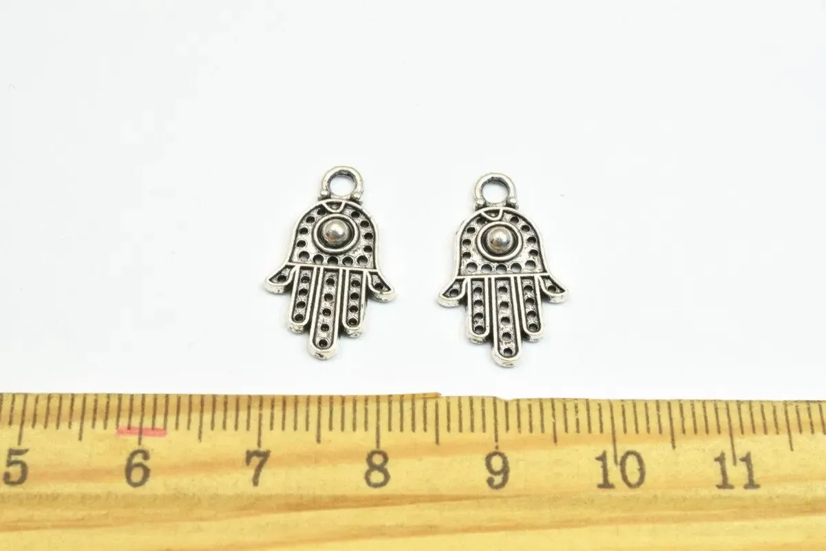 16 PCs Silver Alloy Hamsa Hand Charm Beads Antique Silver Size 20x12mm Decorative Design Metal Beads 3mm JumpRing Opening for Jewelry Making