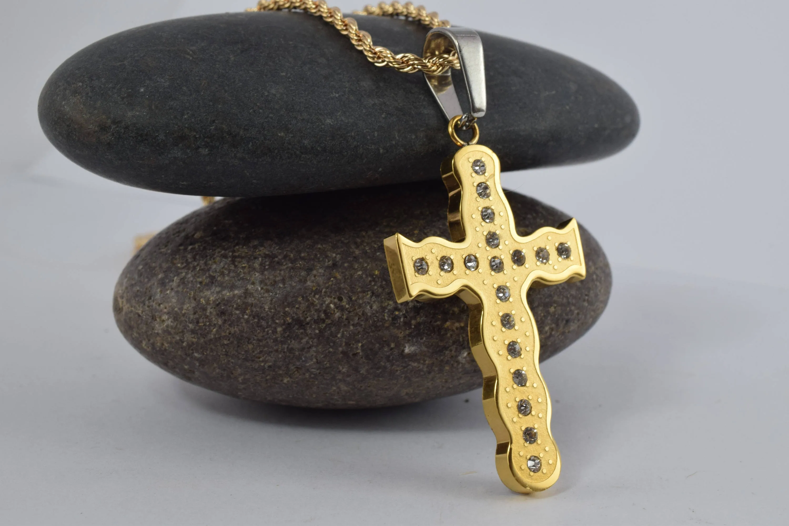 18K Gold Filled Cross Stainless Steel Pendants Cubic Zirconia Size 44x25mm, Christian Religious Charm Communion Baptism For Jewelry Making