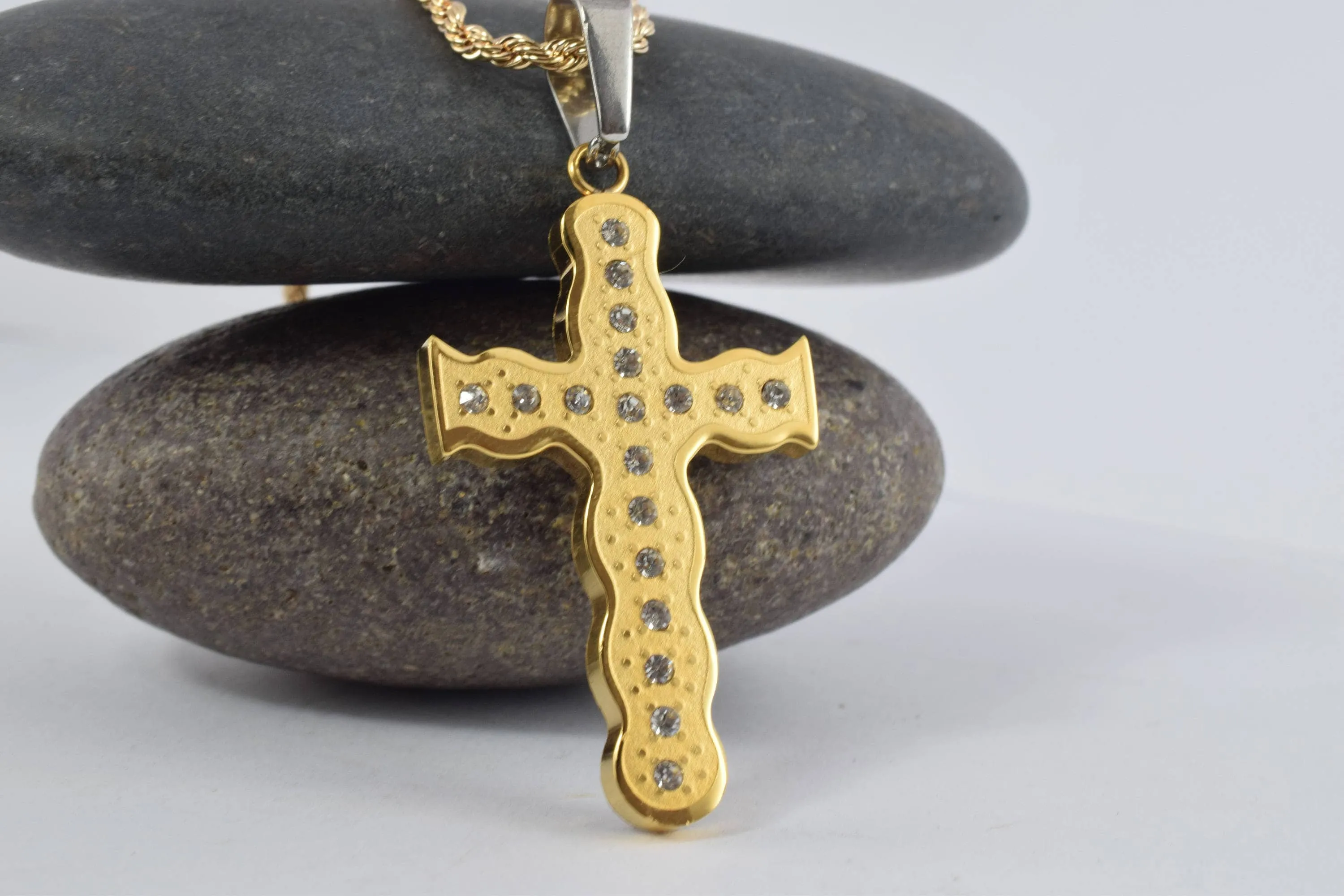 18K Gold Filled Cross Stainless Steel Pendants Cubic Zirconia Size 44x25mm, Christian Religious Charm Communion Baptism For Jewelry Making