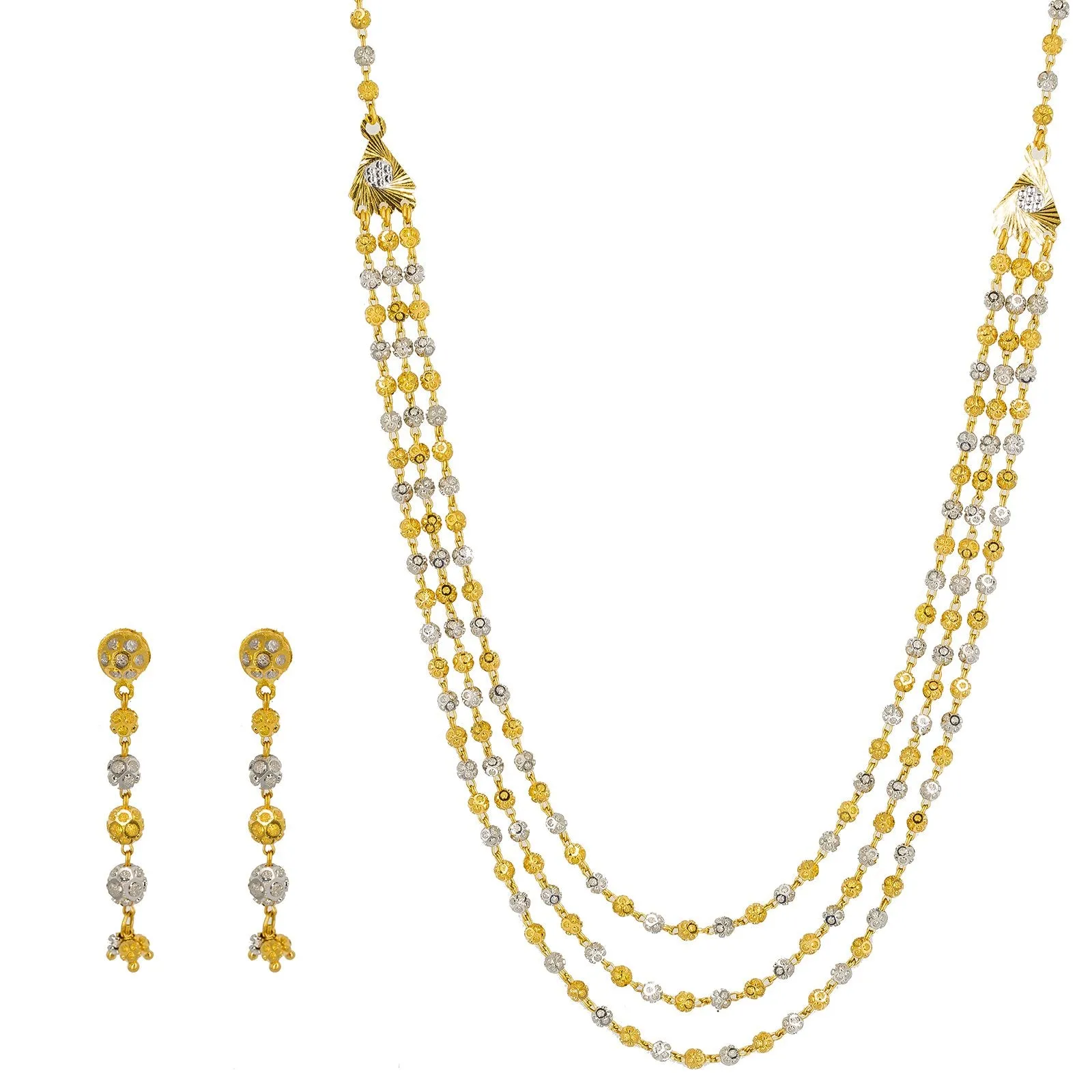 22K Multi Tone Gold Necklace & Earrings Set W/ Speckled Balls & Triangle Side Pendants