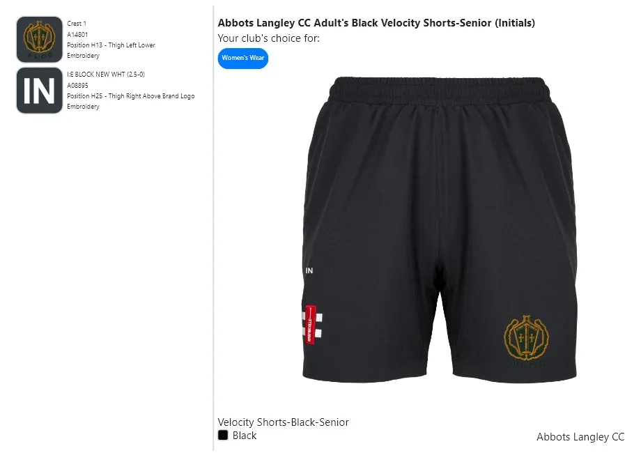 Abbots Langley CC  Adult's Black Velocity Shorts-Senior (Initials)