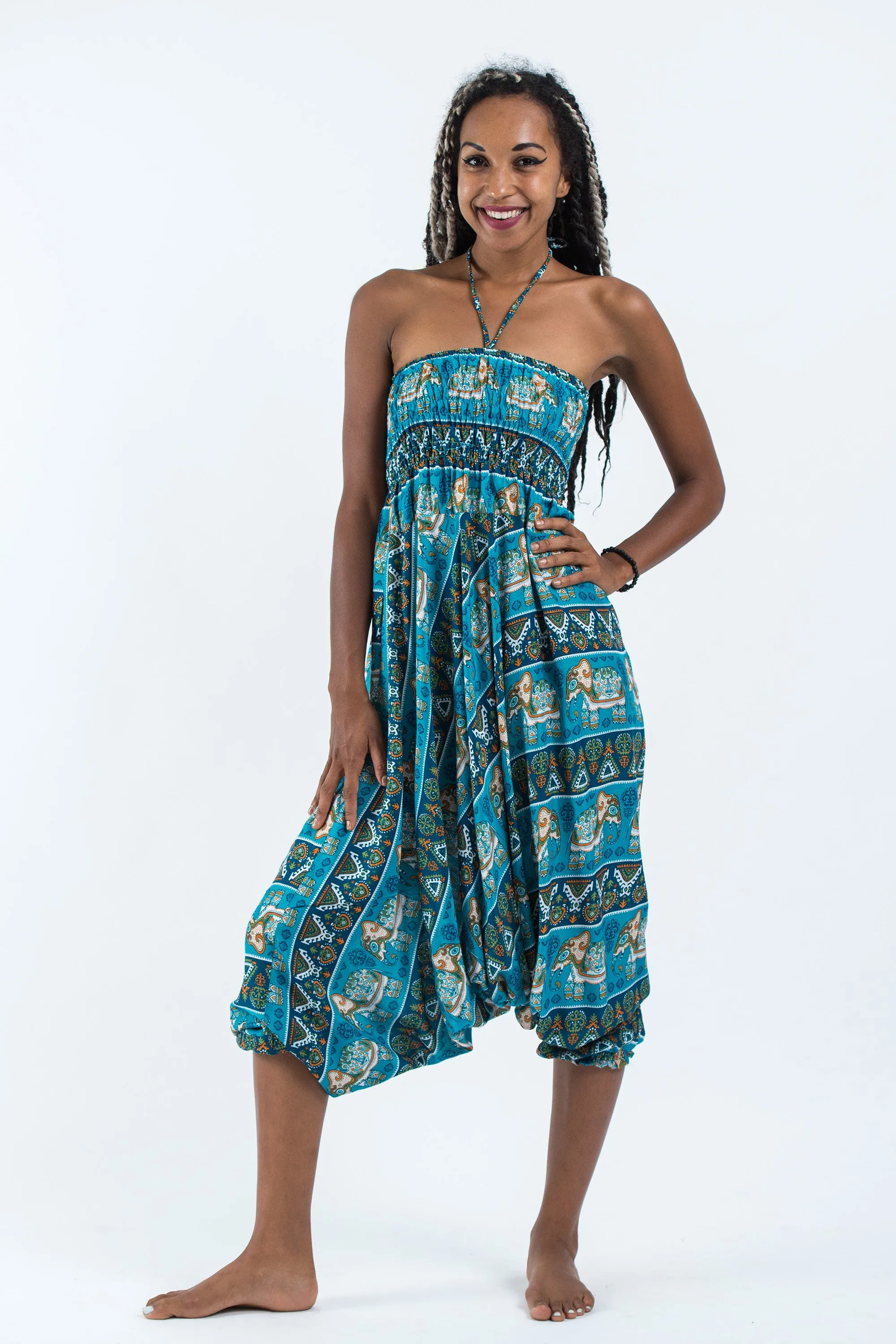 Aztec Elephant 2-in-1 Jumpsuit Elephant Pants in Ocean Blue