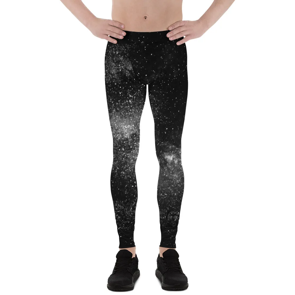 Black Mysterious Galaxy Men's Leggings, Cosmos Interstellar Men Run Tights-Made in USA/EU/MX