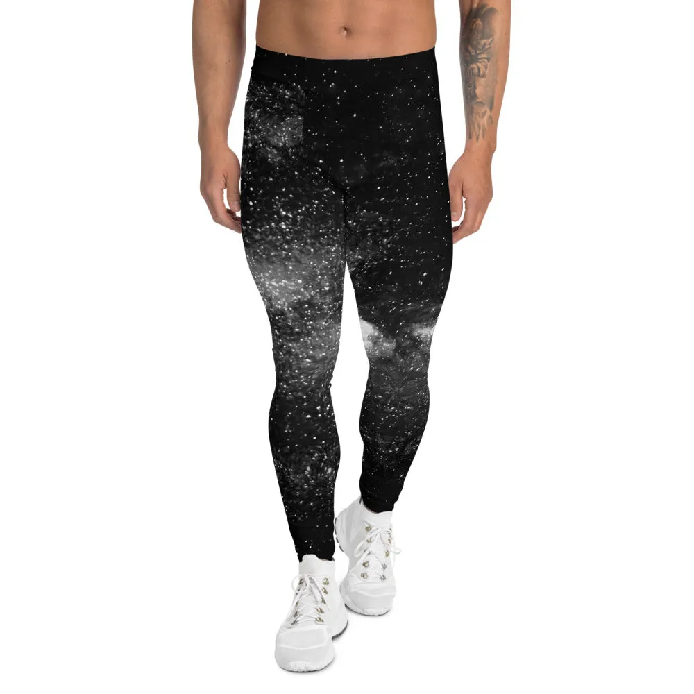 Black Mysterious Galaxy Men's Leggings, Cosmos Interstellar Men Run Tights-Made in USA/EU/MX