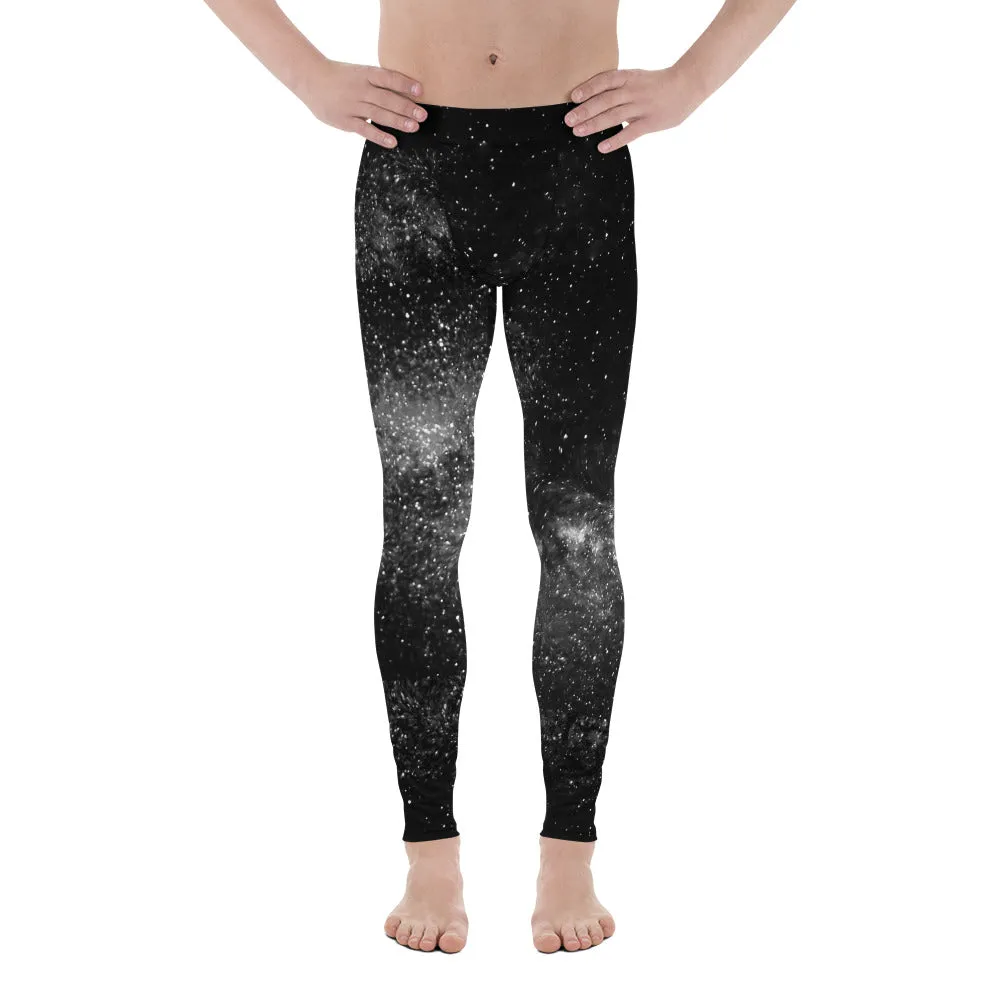 Black Mysterious Galaxy Men's Leggings, Cosmos Interstellar Men Run Tights-Made in USA/EU/MX