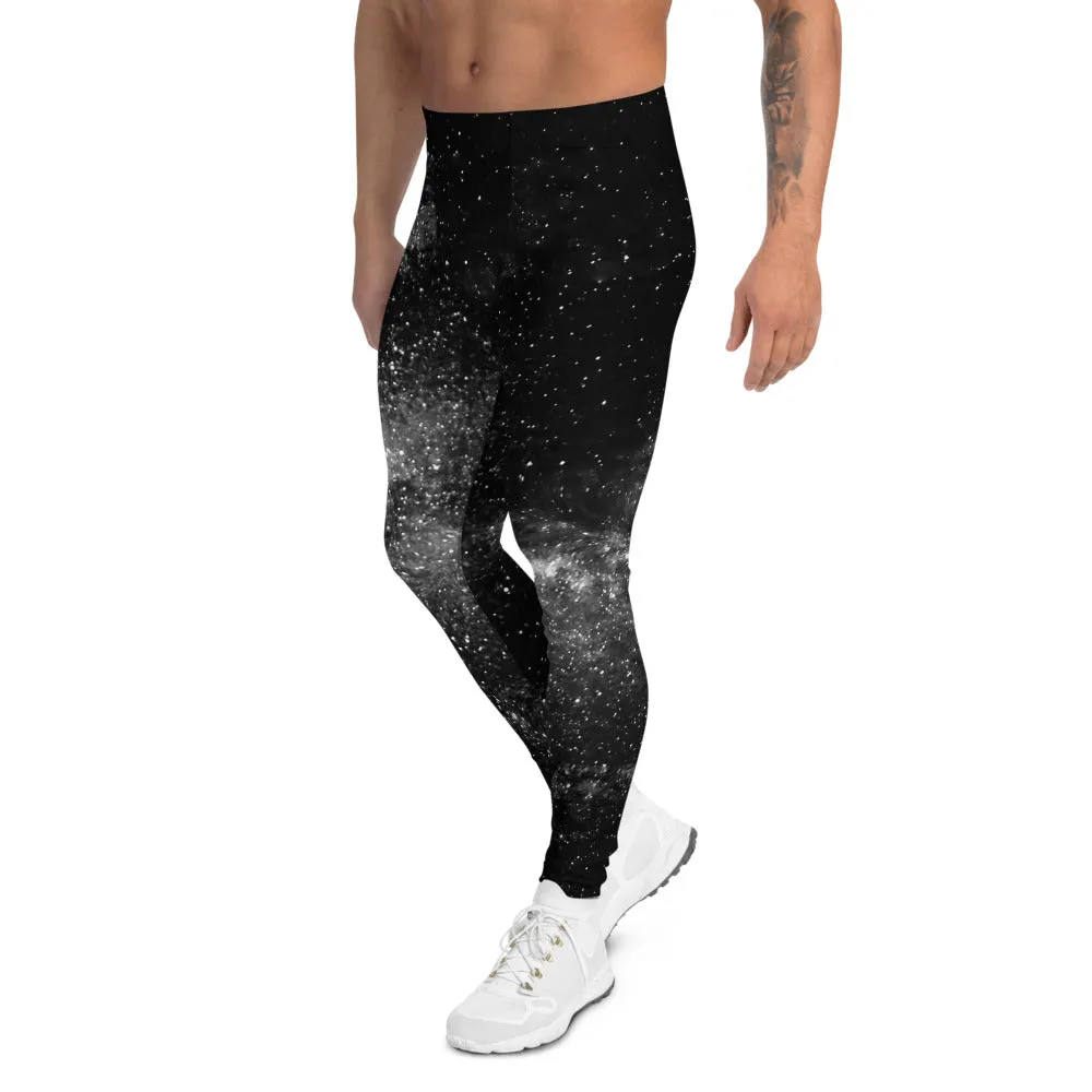 Black Mysterious Galaxy Men's Leggings, Cosmos Interstellar Men Run Tights-Made in USA/EU/MX