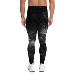 Black Mysterious Galaxy Men's Leggings, Cosmos Interstellar Men Run Tights-Made in USA/EU/MX