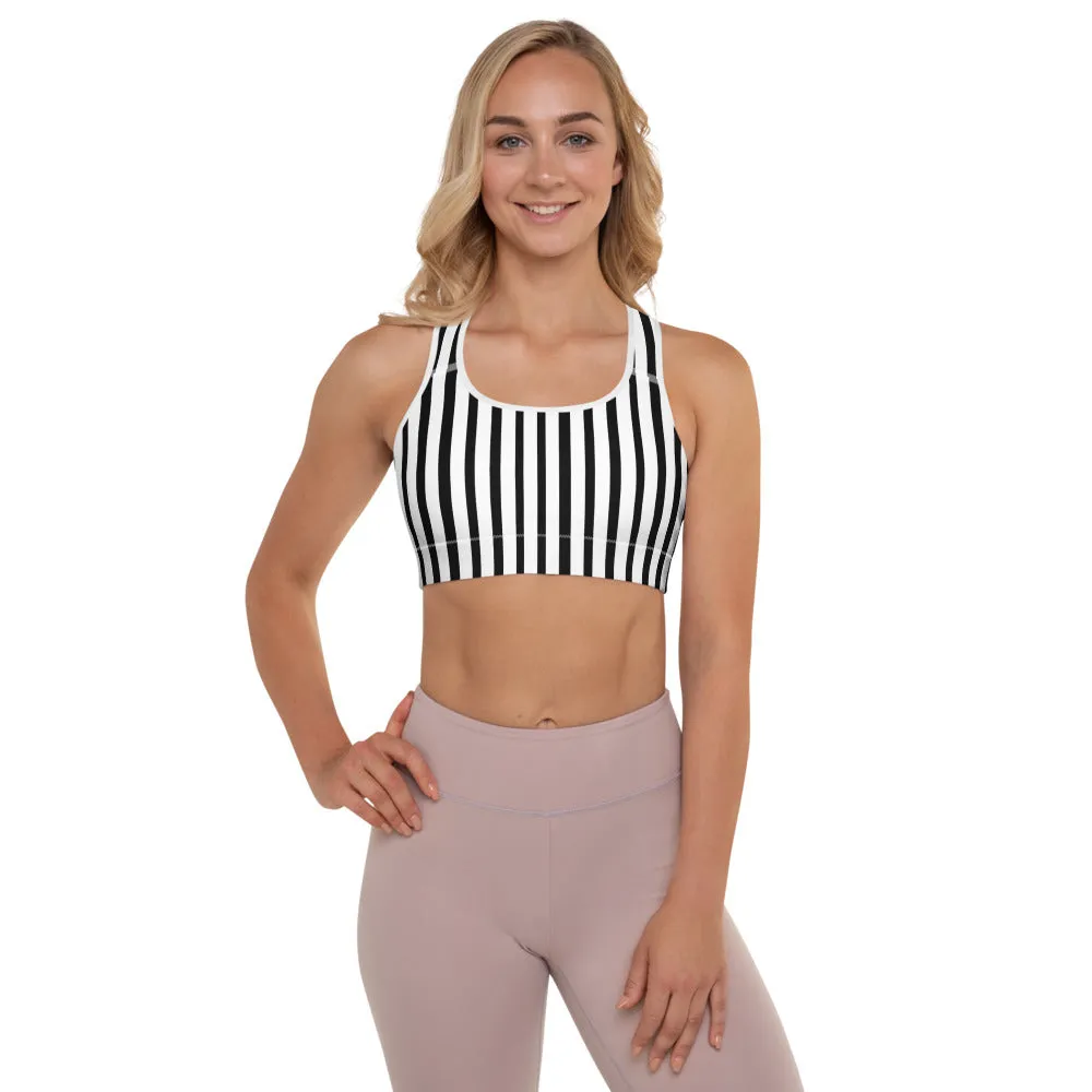 Black Striped Padded Sports Bra, Women's Yoga Best Modern Workout Bra-Made in USA/EU