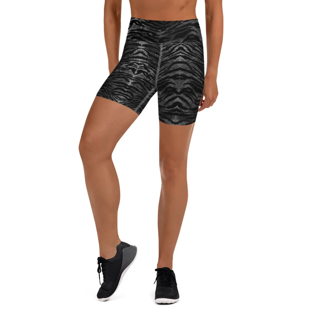 Black Tiger Striped Yoga Shorts, Animal Print Women's Short Gym Tights-Made in USA/EU