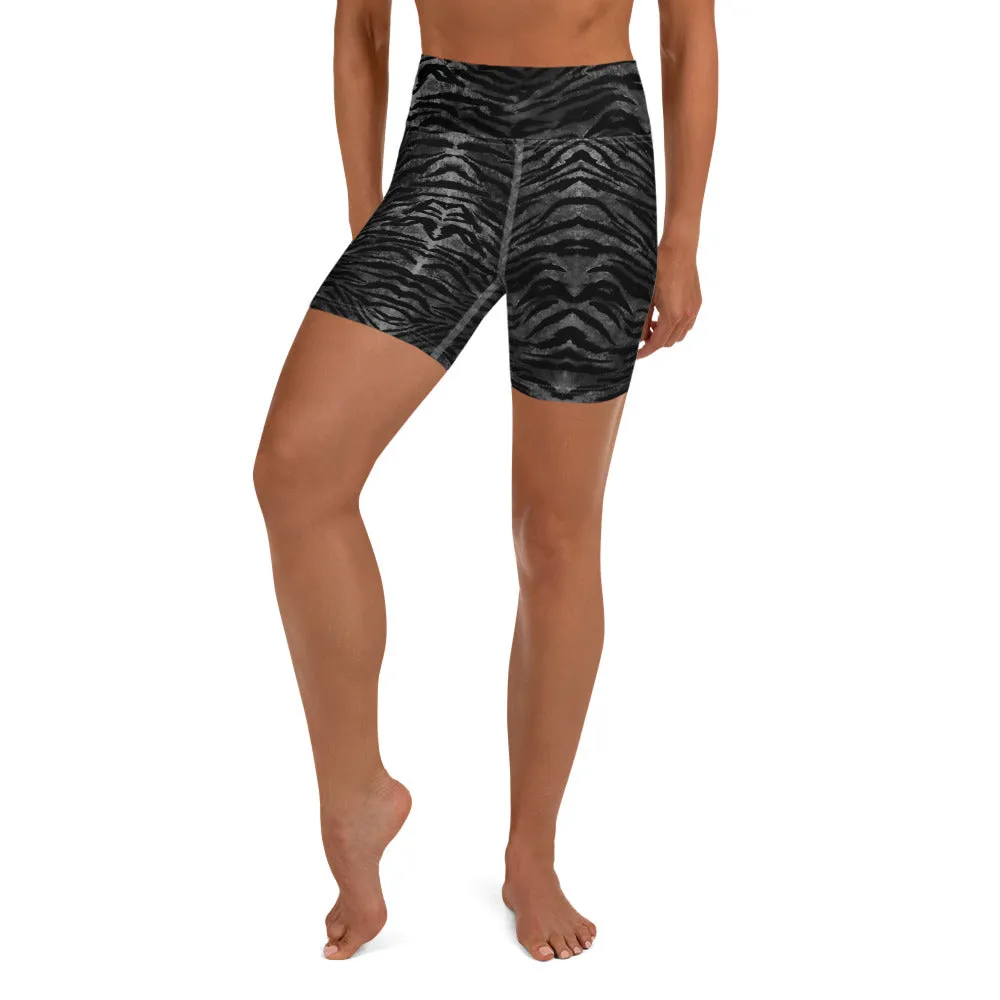 Black Tiger Striped Yoga Shorts, Animal Print Women's Short Gym Tights-Made in USA/EU