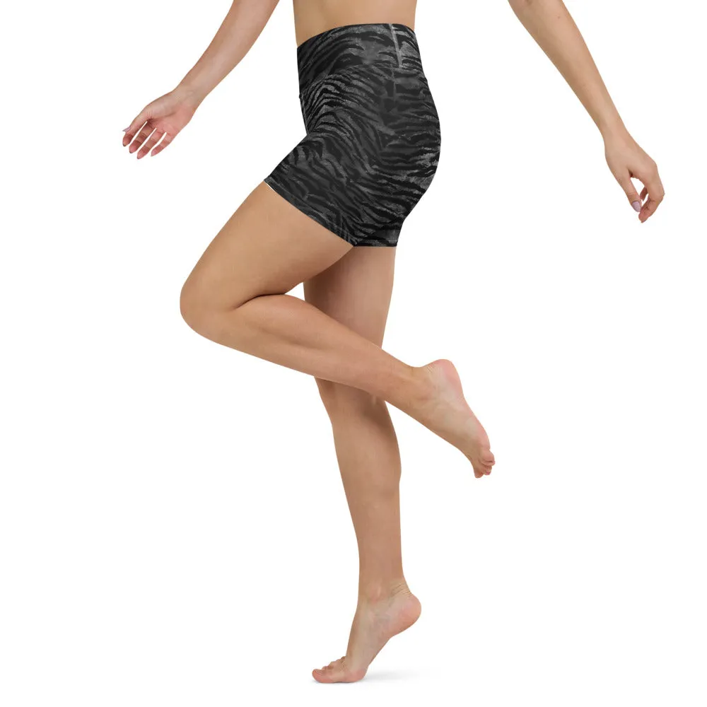 Black Tiger Striped Yoga Shorts, Animal Print Women's Short Gym Tights-Made in USA/EU