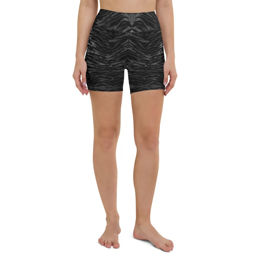 Black Tiger Striped Yoga Shorts, Animal Print Women's Workout Short Tights-Made in USA/EU