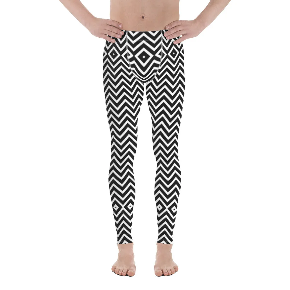 Black White Chevron Men's Leggings, Retro Style Meggings Compression Tights For Men - Made in USA/EU/MX