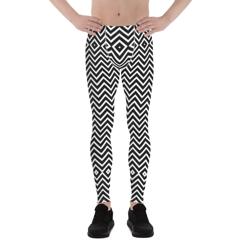 Black White Chevron Men's Leggings, Retro Style Meggings Compression Tights For Men - Made in USA/EU/MX