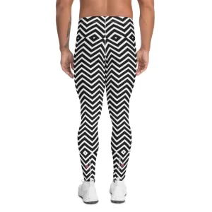 Black White Chevron Men's Leggings, Retro Style Meggings Compression Tights For Men - Made in USA/EU/MX