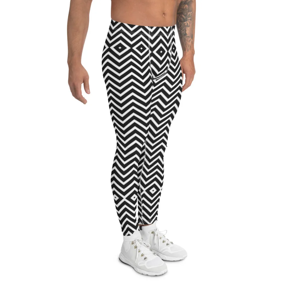 Black White Chevron Men's Leggings, Retro Style Meggings Compression Tights For Men - Made in USA/EU/MX