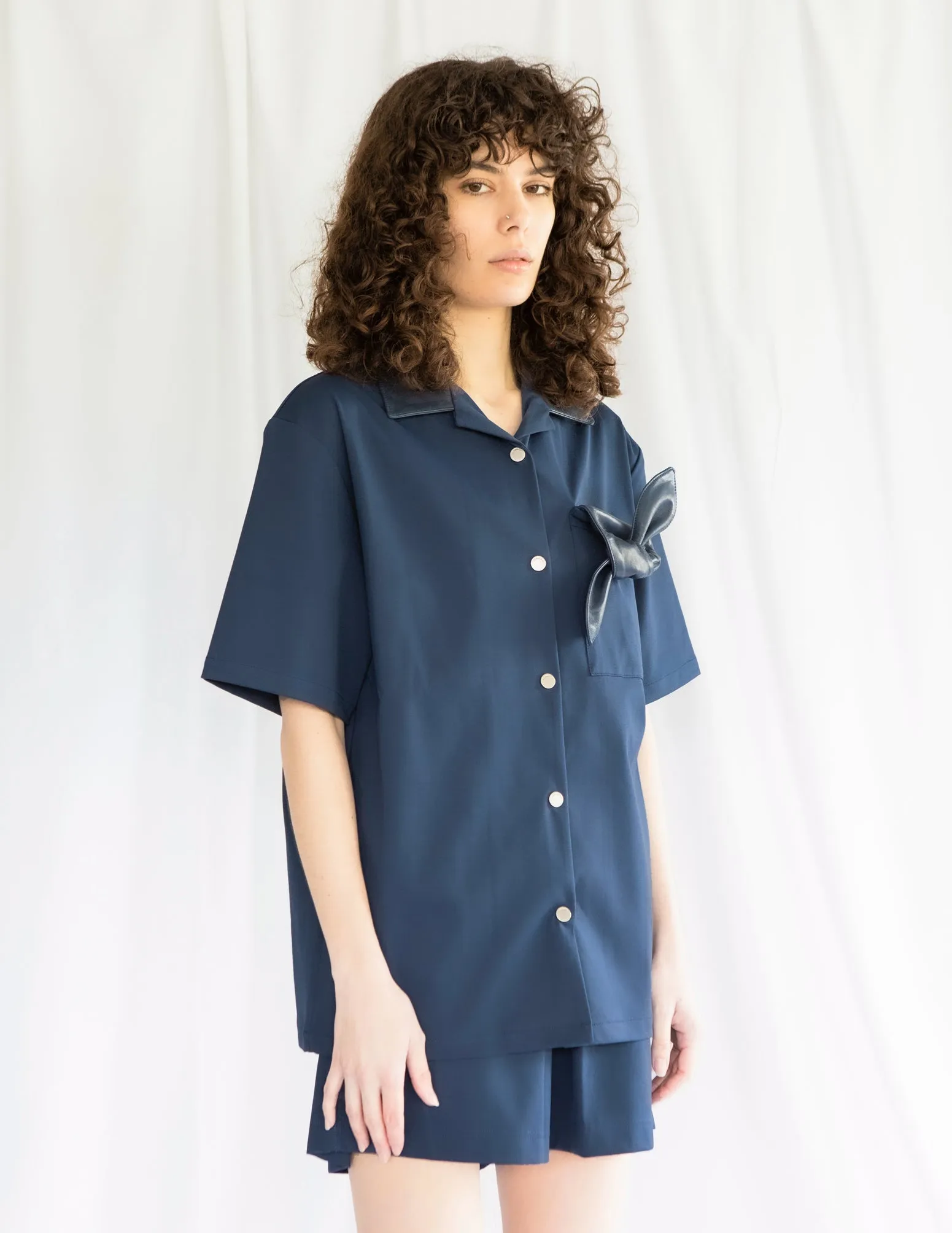 Bowling Shirt and Shorts Set in Navy Ponte with Leather