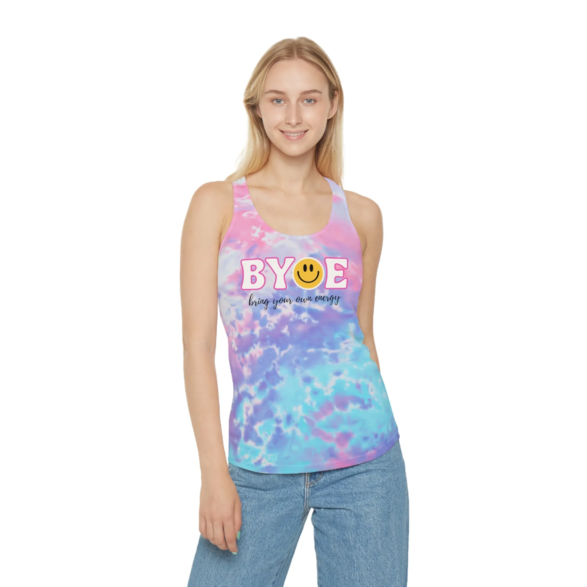 BYOE Bring Your Own Energy Tie Dye Racerback Tank Top | Callie Gulikson quote tank top