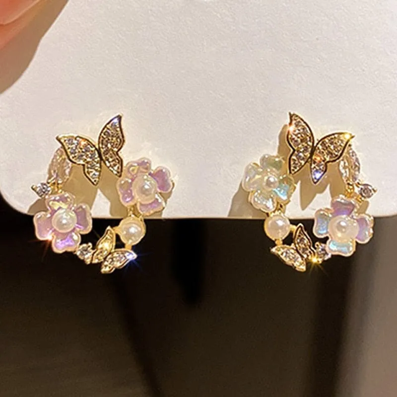 Colorful Rhinestone Wreath Sweet Flower Stud Earrings