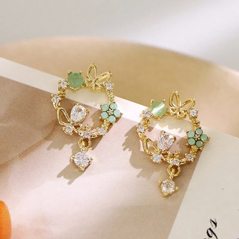 Colorful Rhinestone Wreath Sweet Flower Stud Earrings