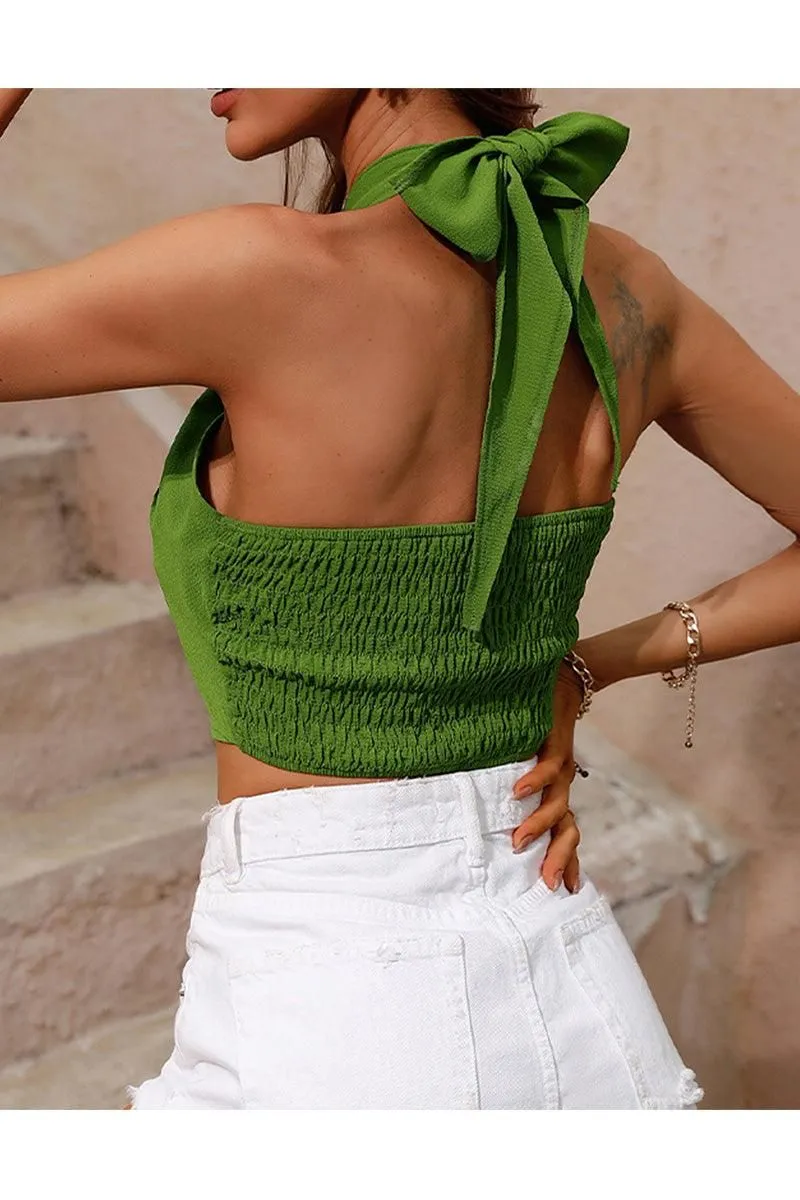 CROSS HALTER NECK SMOKED BACK CROP TOP