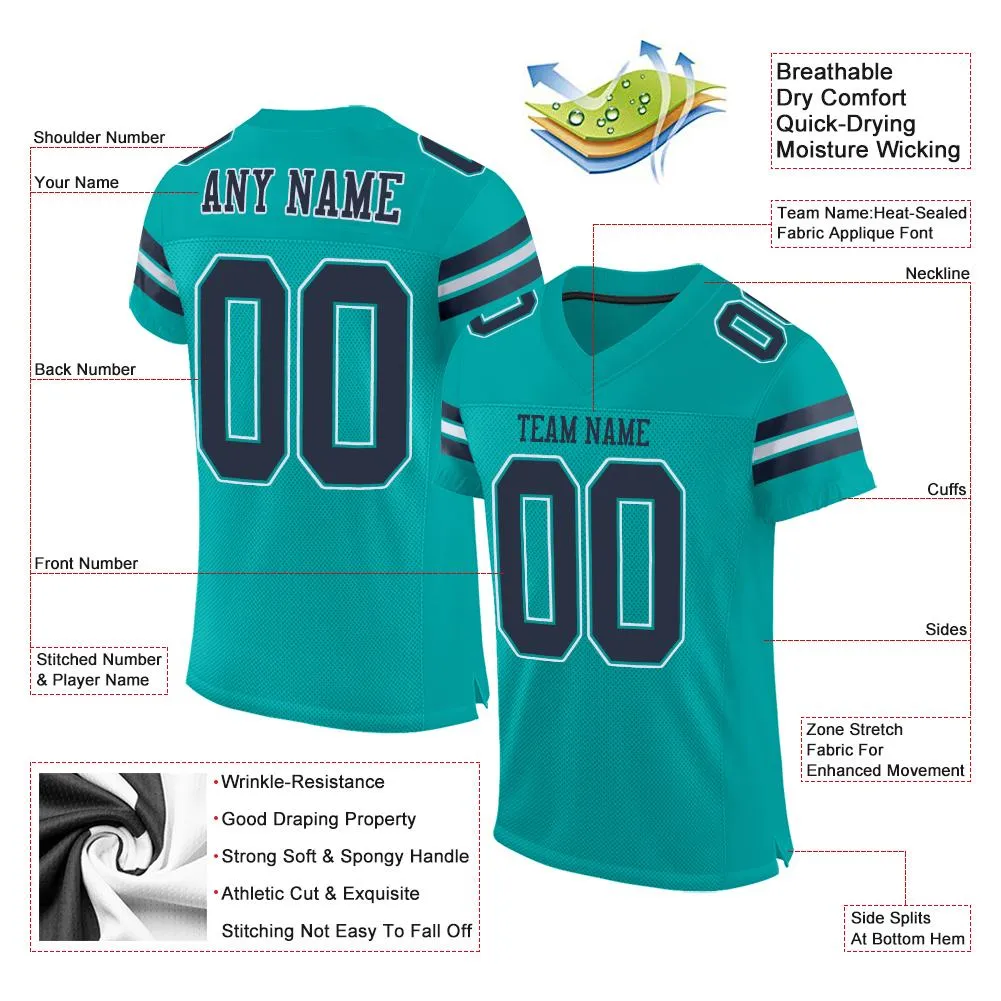 Custom Aqua Navy-White Mesh Authentic Football Jersey