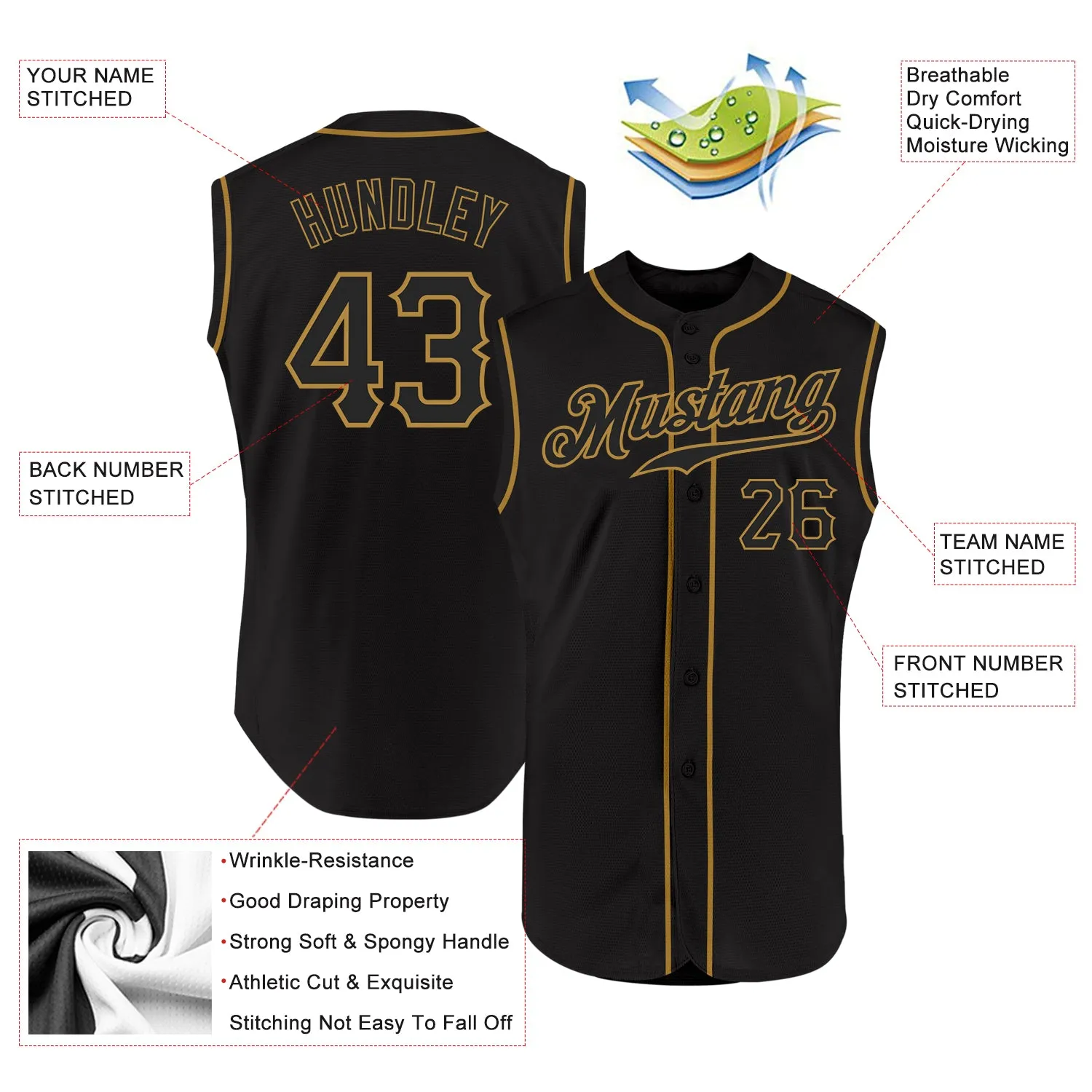 Custom Black Black-Old Gold Authentic Sleeveless Baseball Jersey