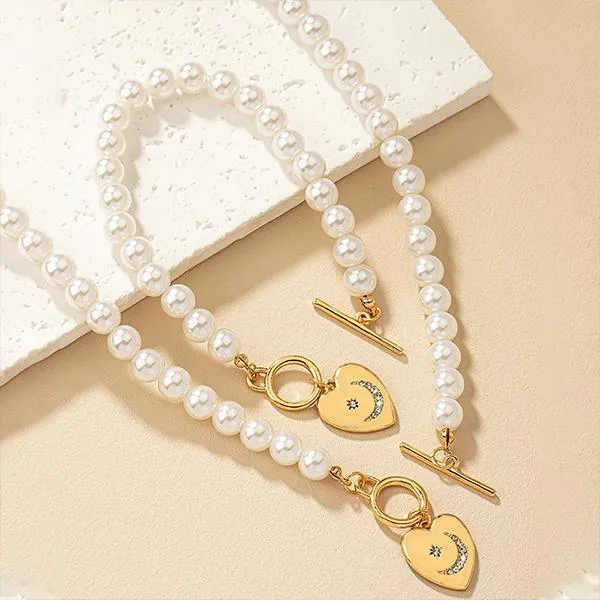 Elegant Imitation Pearl Heart Bracelet Necklace Set 11998780S