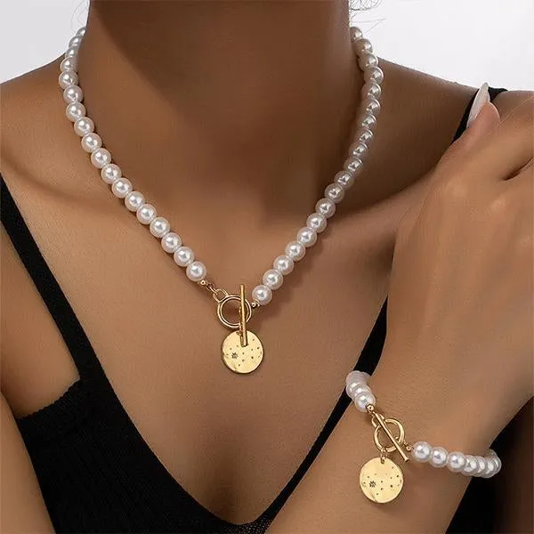 Elegant Imitation Pearl Heart Bracelet Necklace Set 11998780S