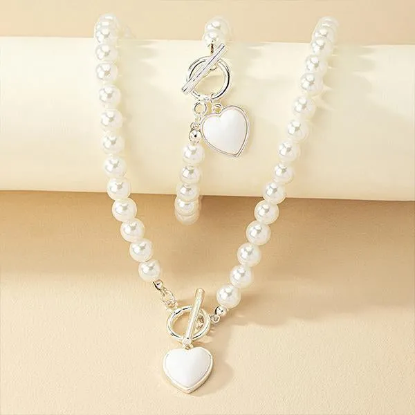 Elegant Imitation Pearl Heart Bracelet Necklace Set 11998780S