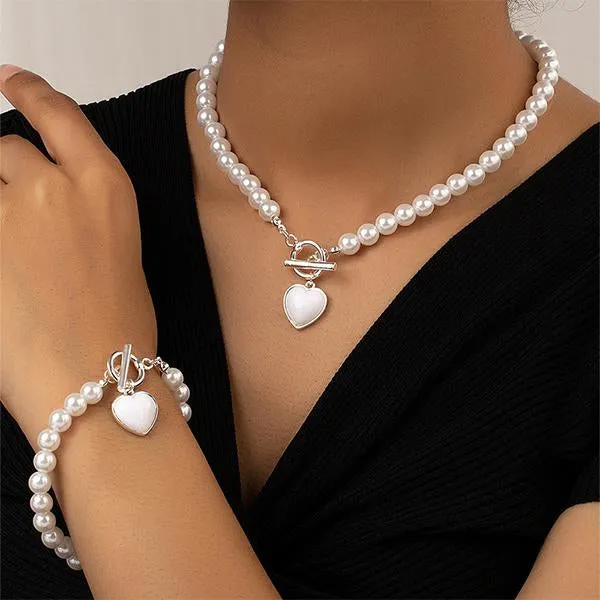 Elegant Imitation Pearl Heart Bracelet Necklace Set 11998780S