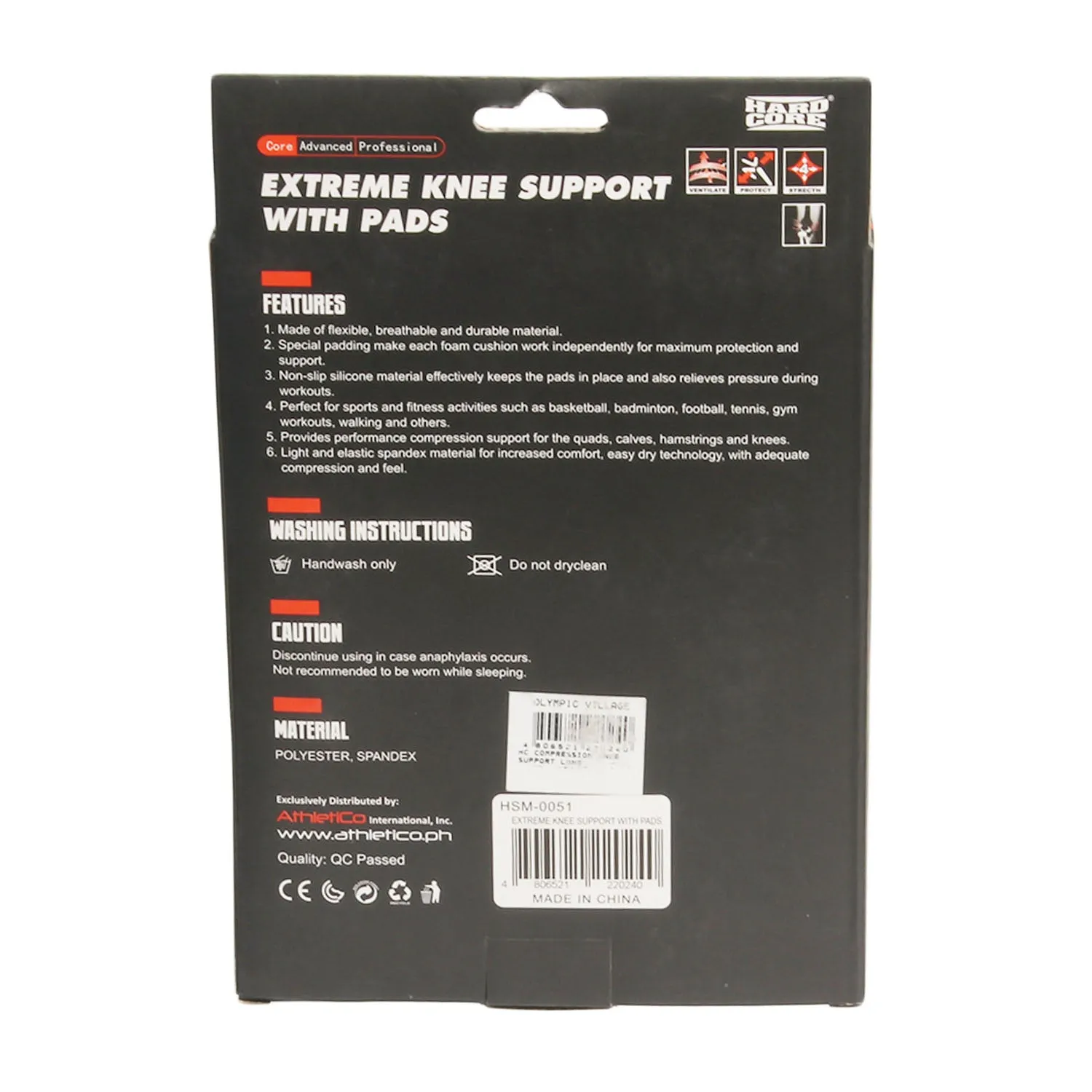 Extreme Knee Support W/ Pads Long Blk