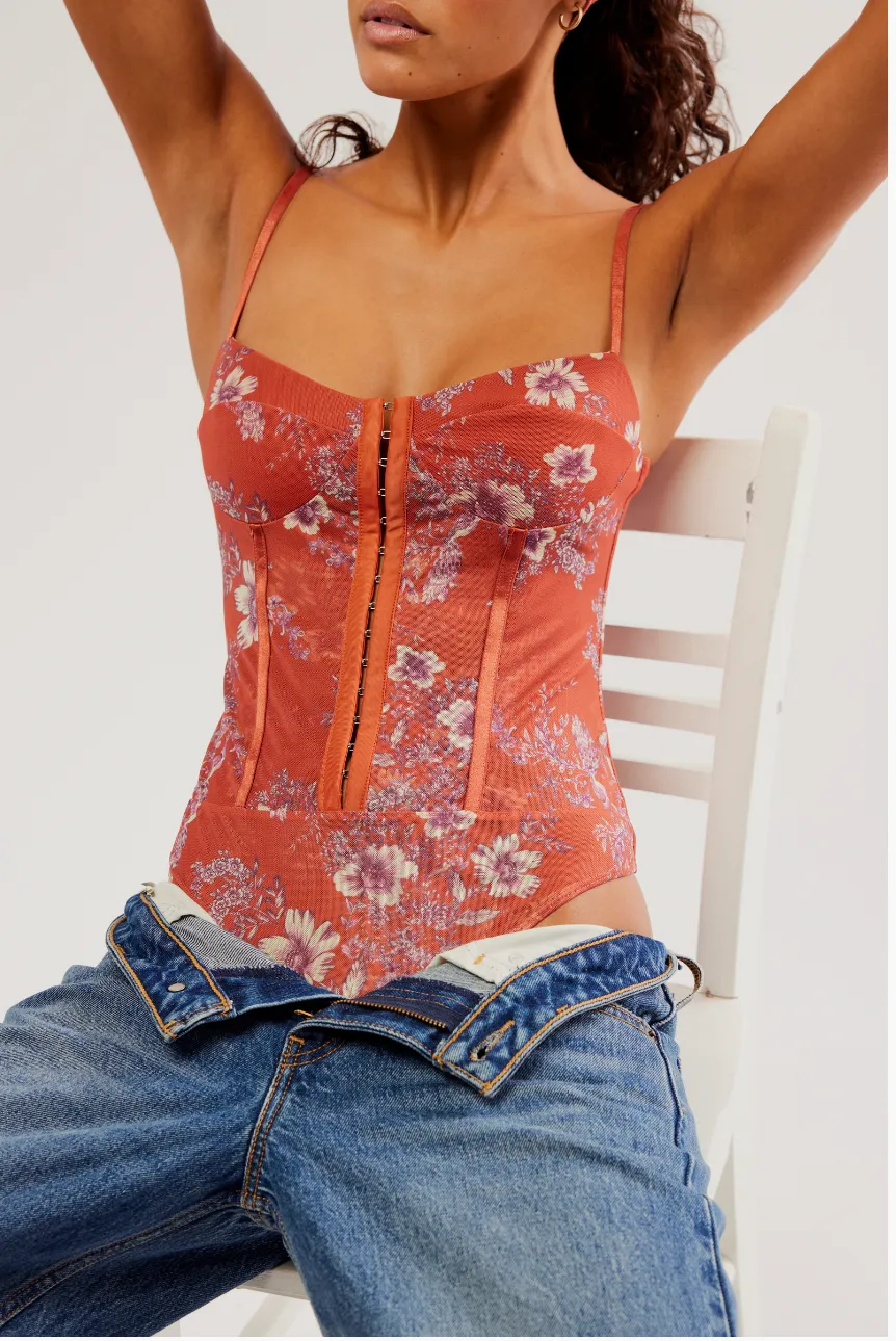 Free People Printed Night Rhythm Corset Bodysuit