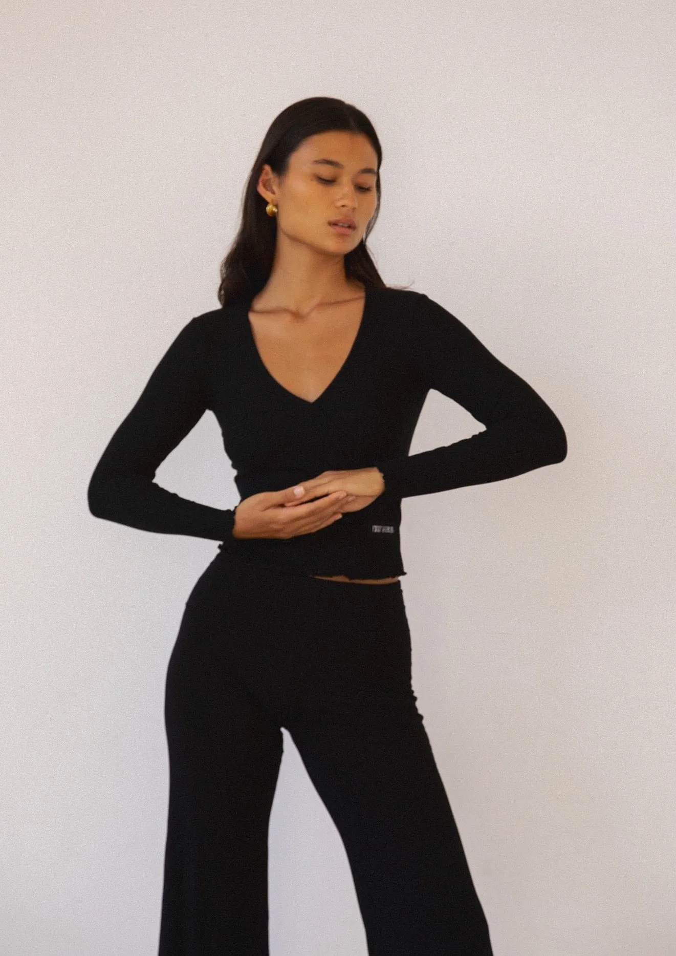 Long Sleeve Mock Wrap Top - Black