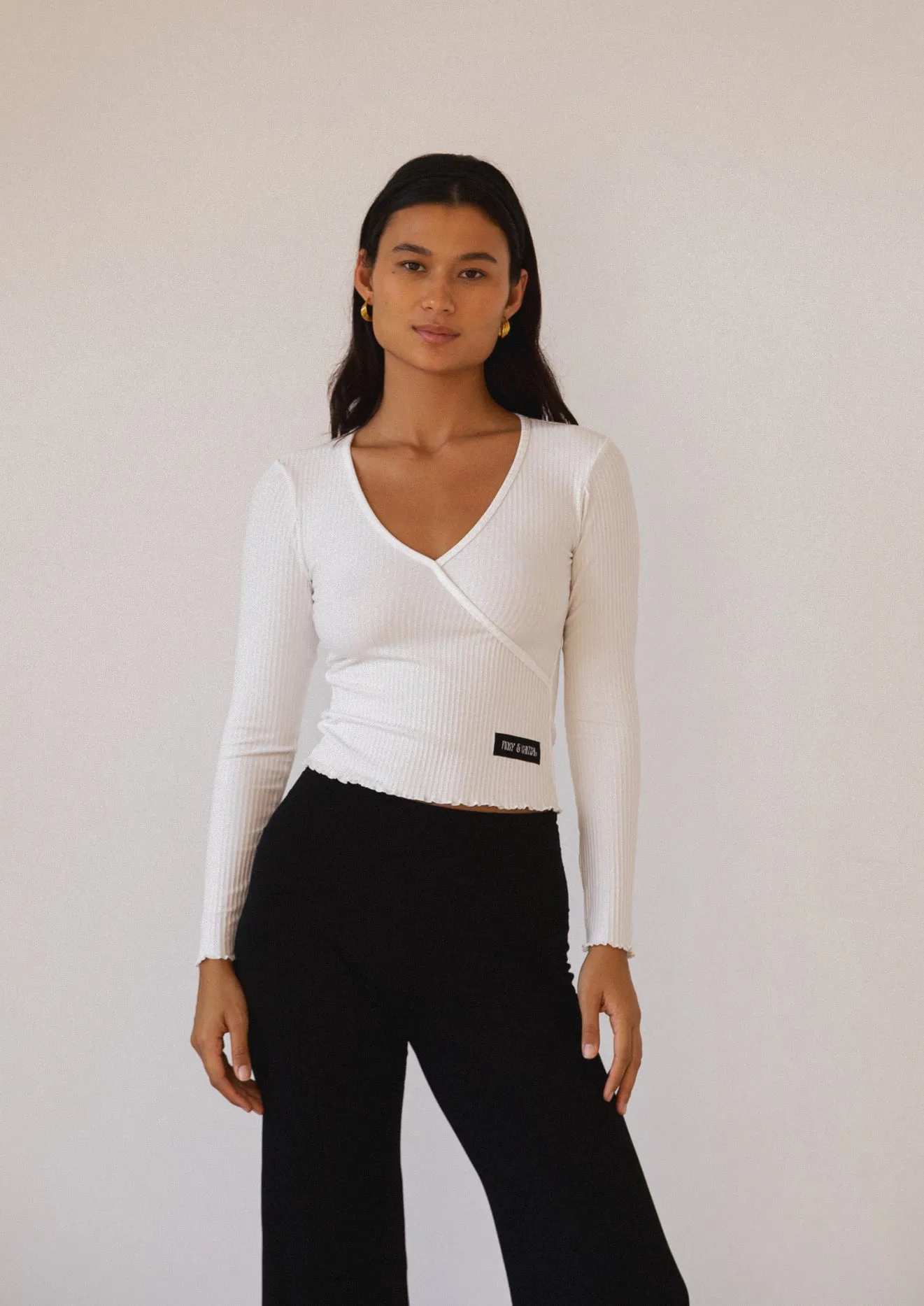 Long Sleeve Mock Wrap Top - white