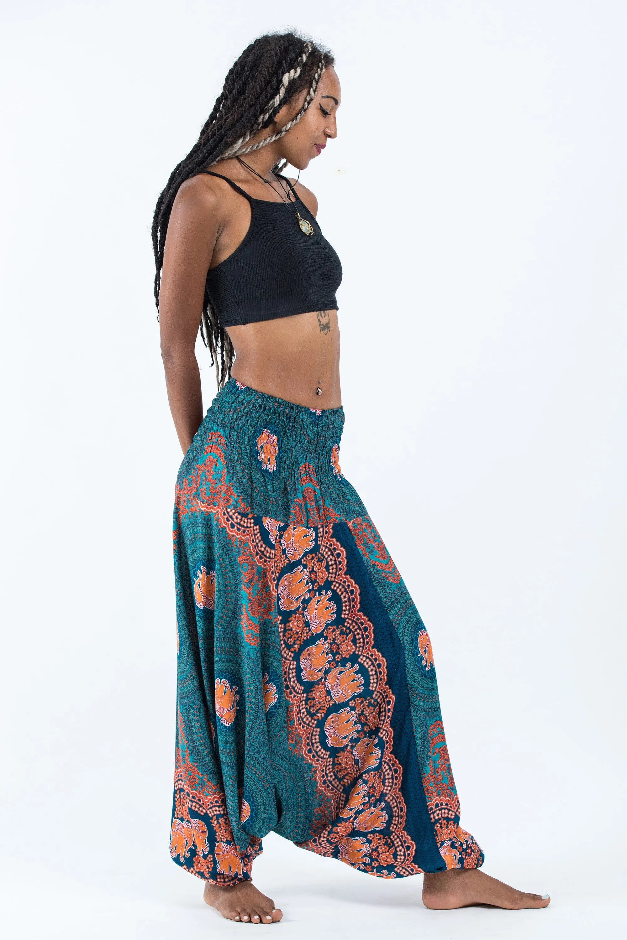 Mandala Elephant 2-in-1 Jumpsuit Elephant Pants in Turquoise