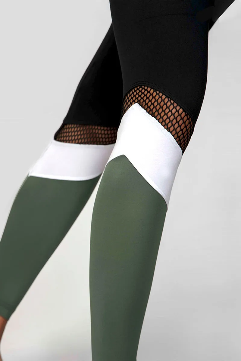 Medium Compression Waisted Leggings with Khaki Panel Black-Khaki