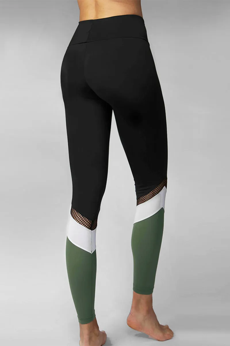 Medium Compression Waisted Leggings with Khaki Panel Black-Khaki