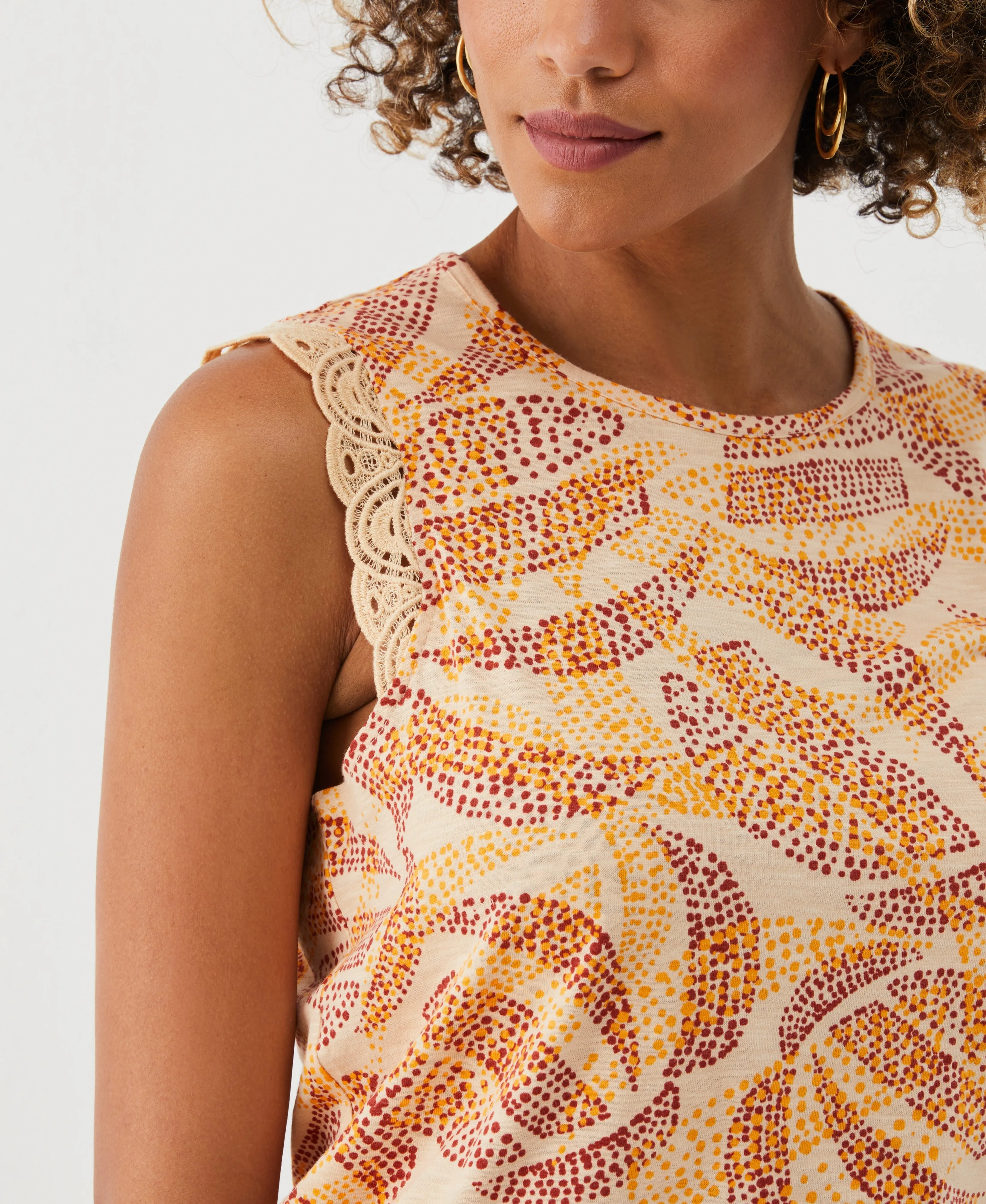 Petite Batik Print Lace Trim Top