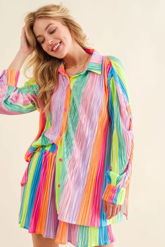 Press Pleated Rainbow Shirt with Matching Shorts